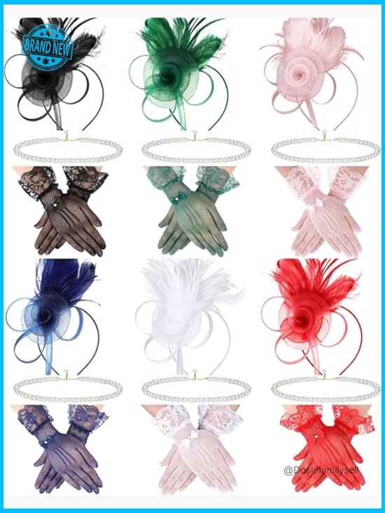 Vintage Fascinators Hats with Veil Lace Gloves Pearl Necklaces Set Tea Party